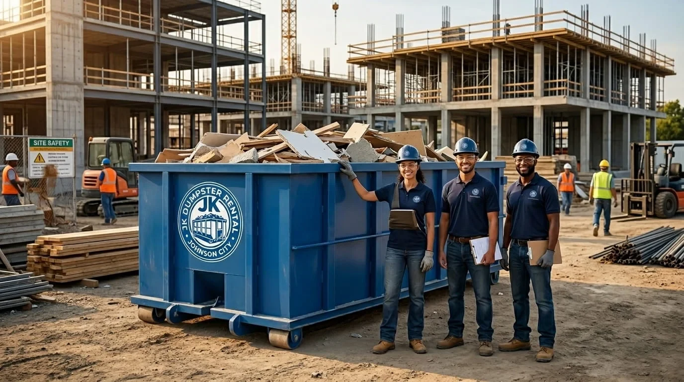 JK Dumpster Rental crew posed at a concrete high-rise construction site near downtown Johnson City, TN JK Dumpster Rental crew posed at a concrete high-rise construction site near downtown Johnson City, TN