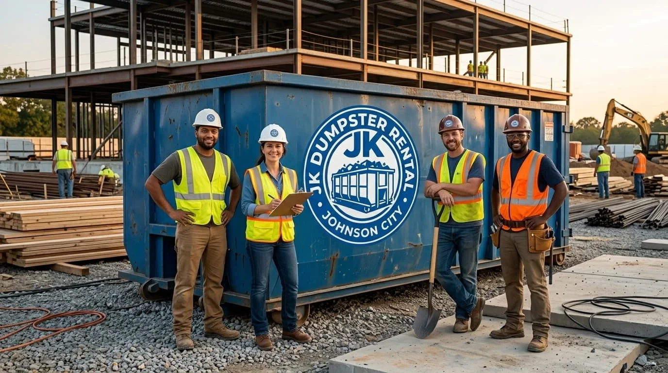 JK Dumpster Rental crew in hard hats and vests at a steel-frame building construction site in Johnson City, TN JK Dumpster Rental crew in hard hats and vests at a steel-frame building construction site in Johnson City, TN