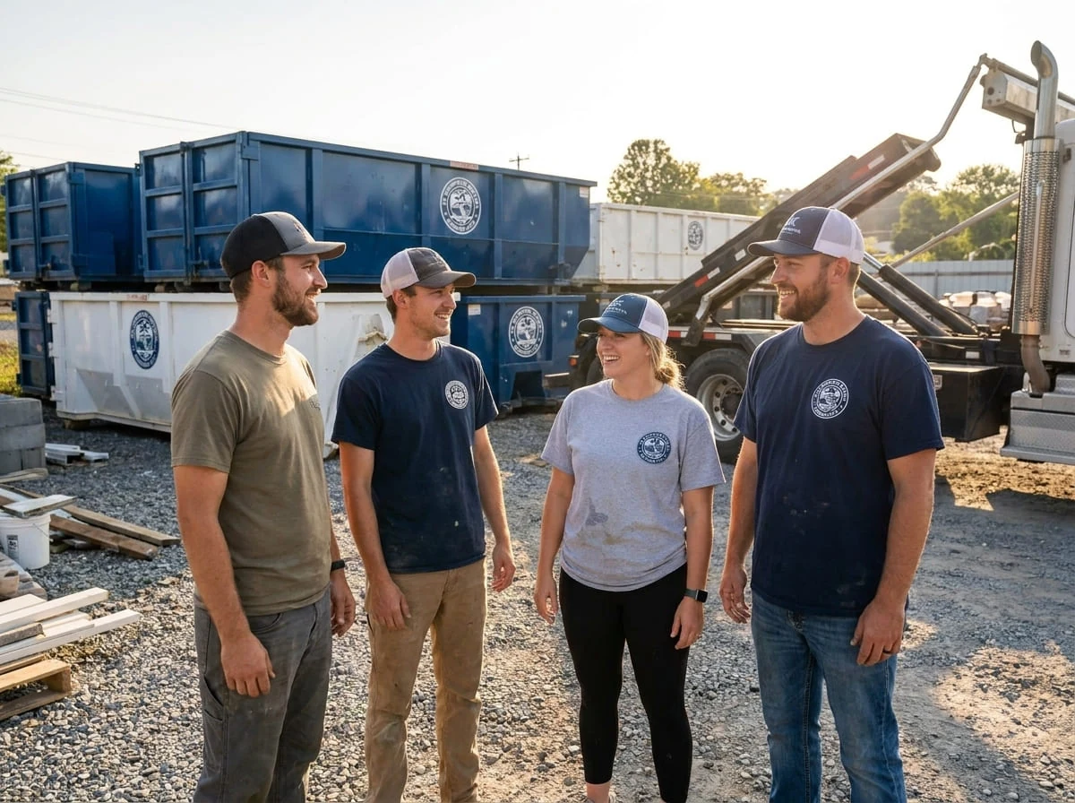 JK Dumpster Rental crew talking through a delivery at the 2303 S Greenwood Dr yard in Johnson City, TN