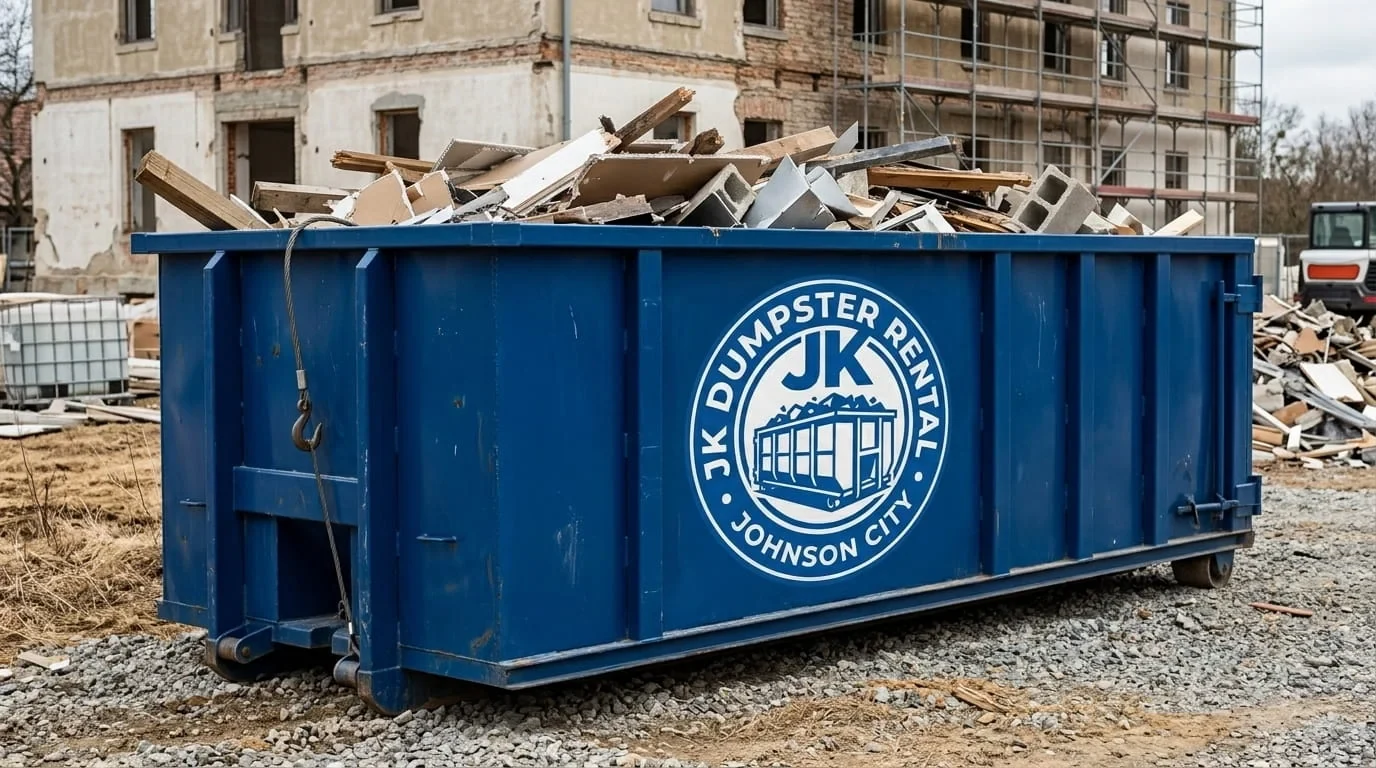 Loaded dumpster in front of a building mid-renovation, representing an urgent same-day job in Johnson City, TN Loaded dumpster in front of a building mid-renovation, representing an urgent same-day job in Johnson City, TN